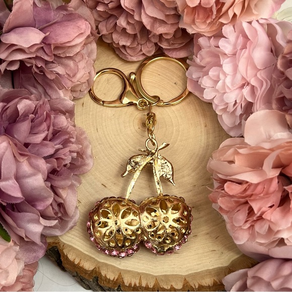 Whimsical Red Crystal Cherries Keychain Charm - Picture 9 of 13
